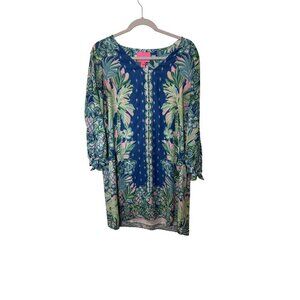 Lilly Pulitzer Womens Blue & Green Tropical Print Tunic Dress With Tie Cuffs med